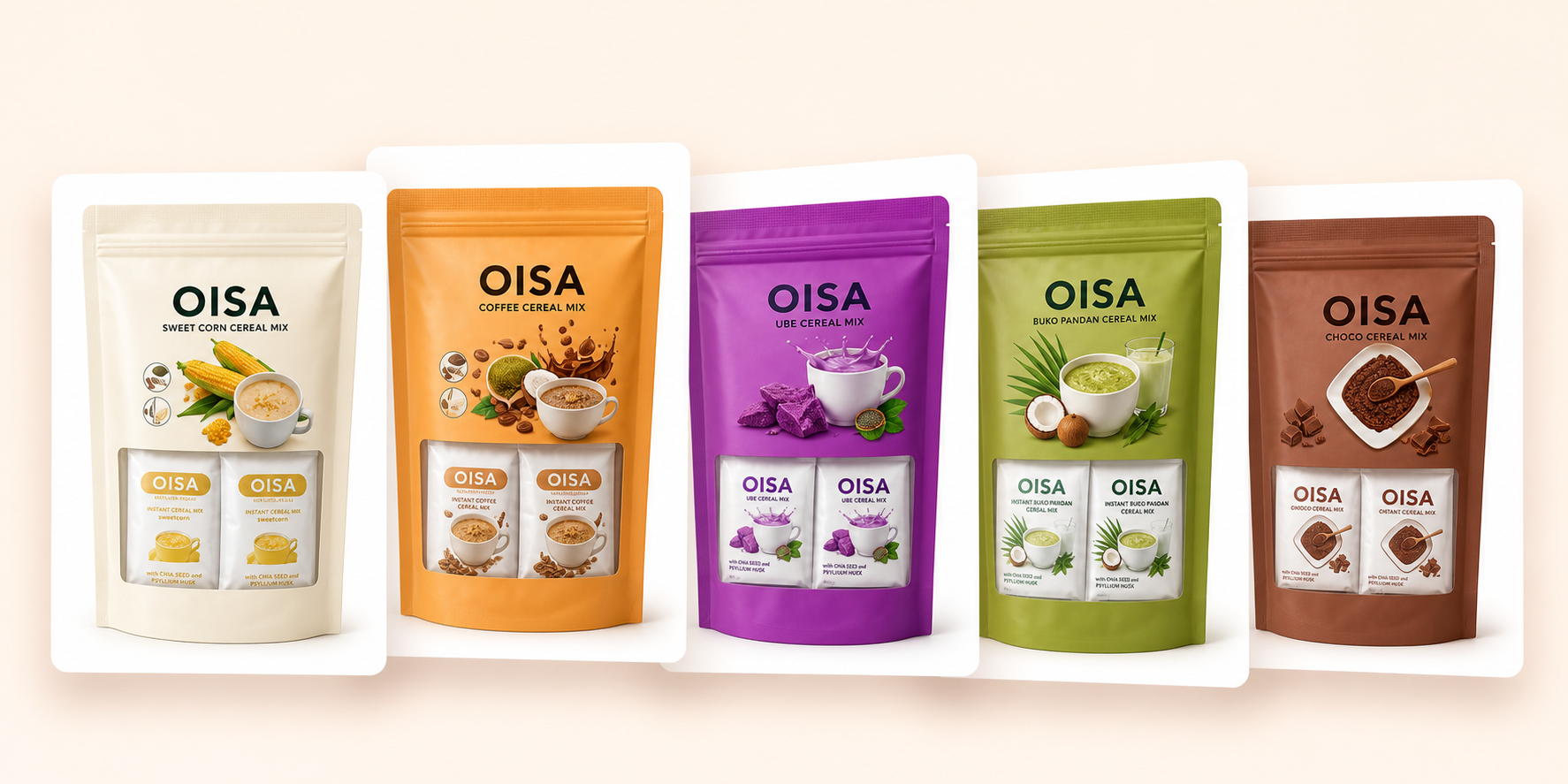 Five OISA cereal mix flavors displayed as stacked product cards